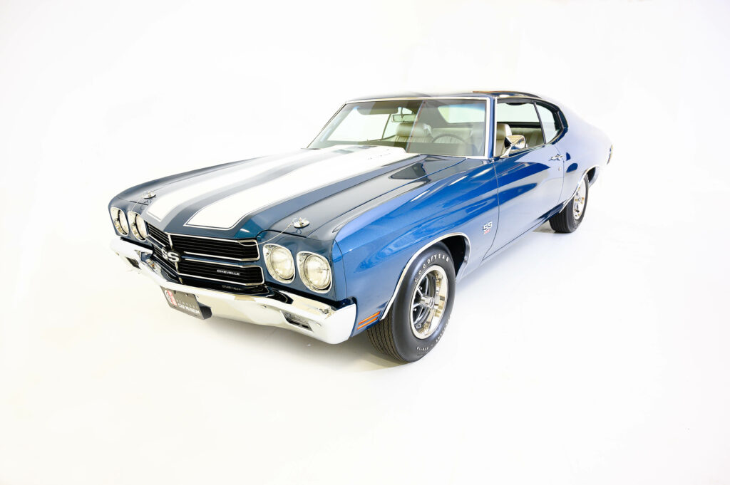 Classic blue muscle car showcased on a white background.