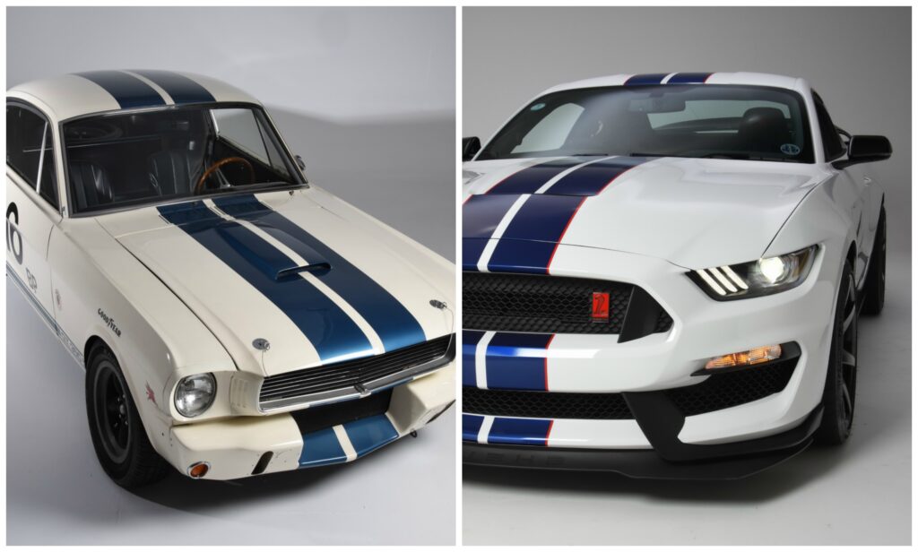 Classic and modern Ford Mustang models side by side with blue racing stripes.