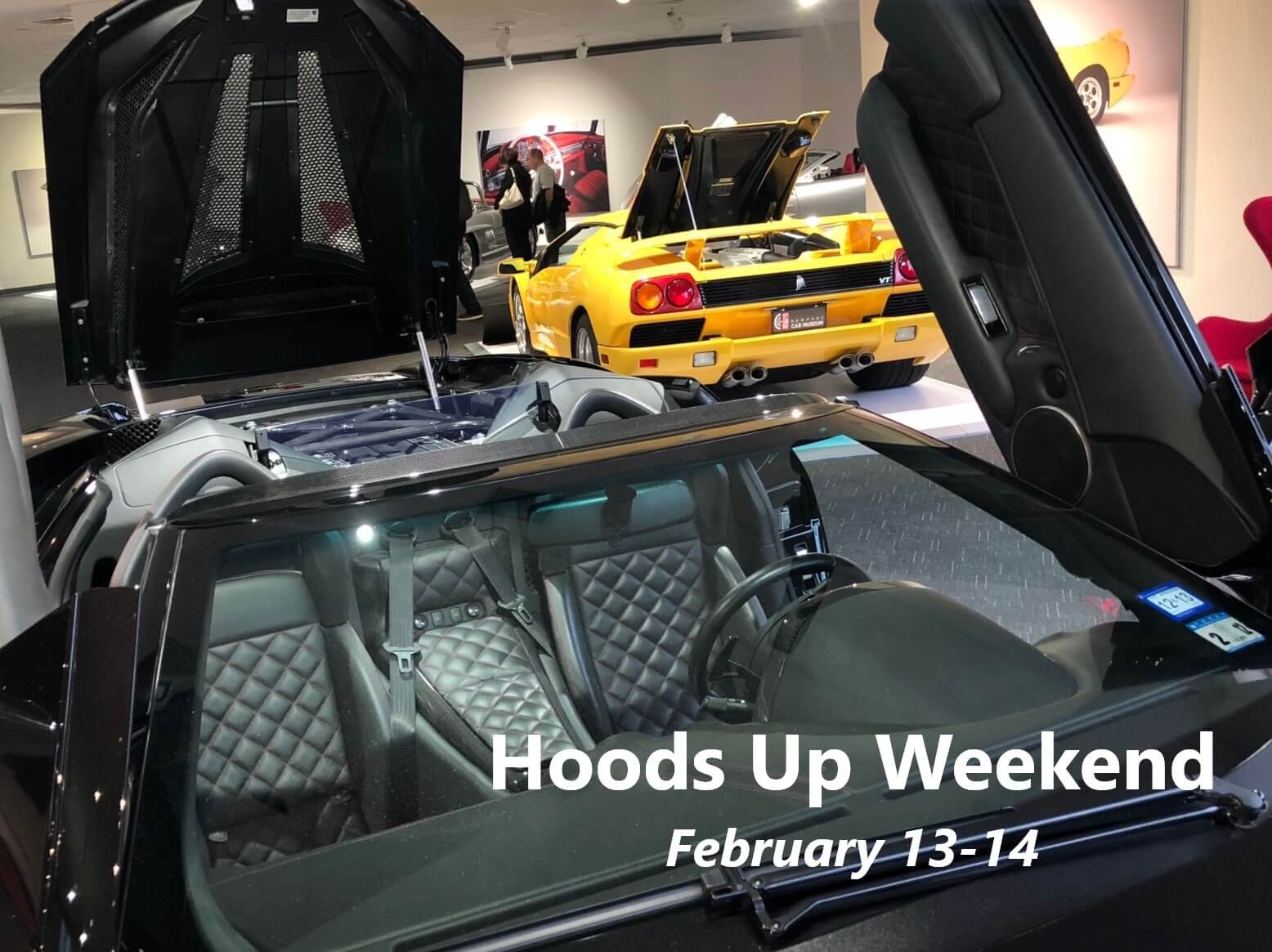 Close-up of luxury car doors open at car event.