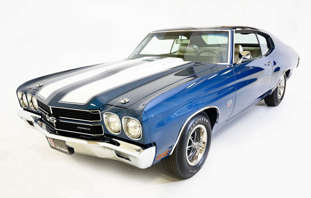Classic blue 1970 Chevrolet Chevelle SS with white racing stripes.