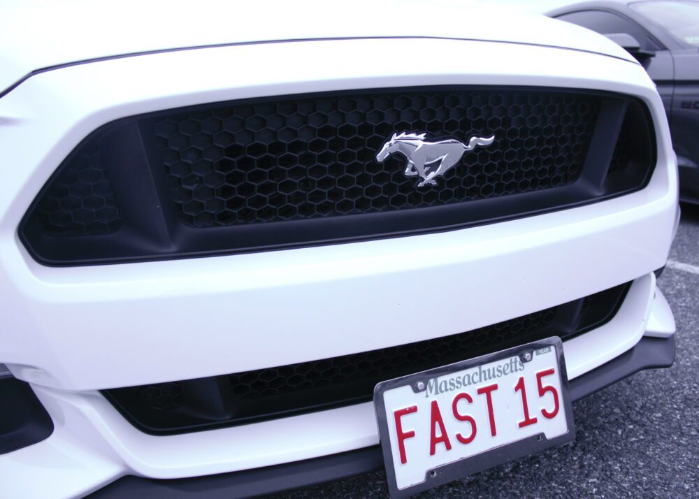 Close-up of a white Ford Mustang grille and custom license plate.