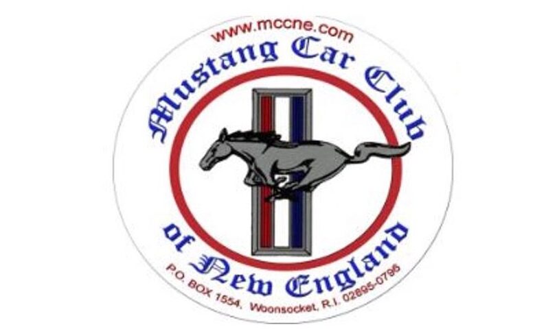 Logo of Mustang Car Club of New England featuring a running horse and stripes.