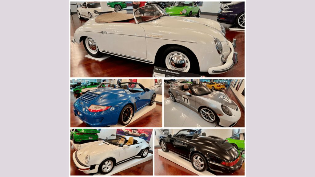 A collage of classic Porsche cars in various colors and styles.