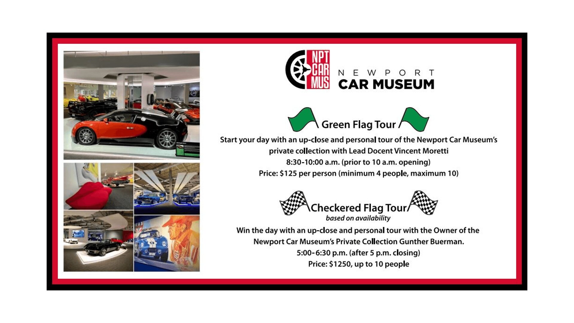 Flyer advertising Green Flag and Checkered Flag tours at the Newport Car Museum.