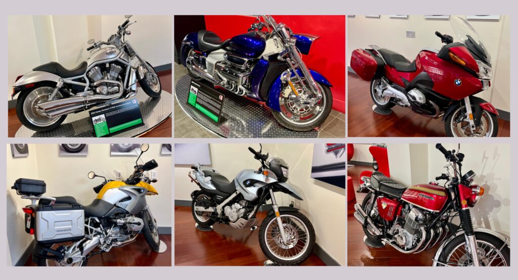 A collage of six motorcycles displayed indoors with varied designs and colors.