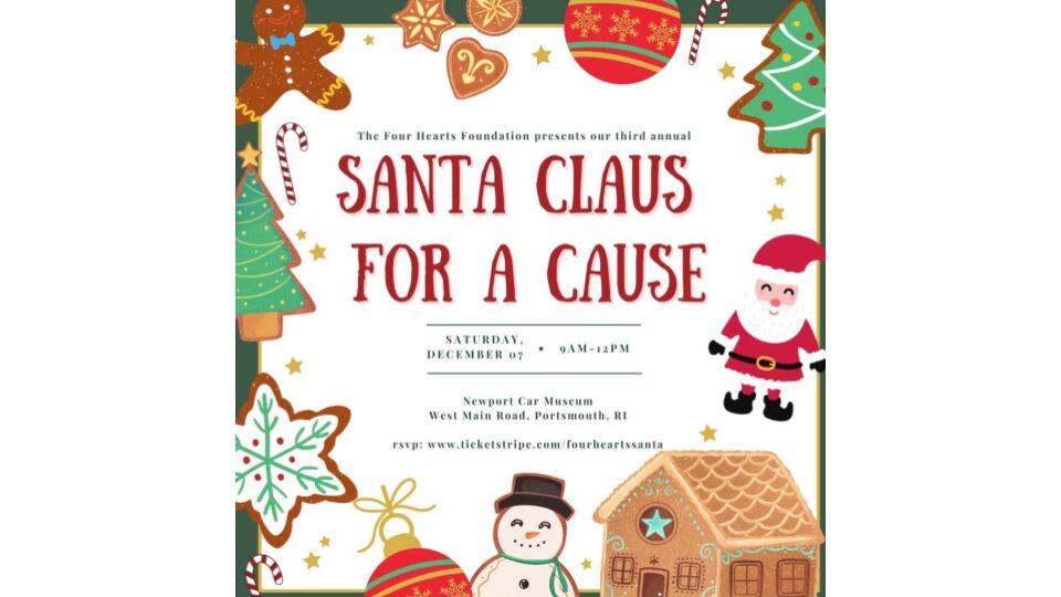 Festive flyer for 'Santa Claus for a Cause' charity event with holiday-themed decorations.